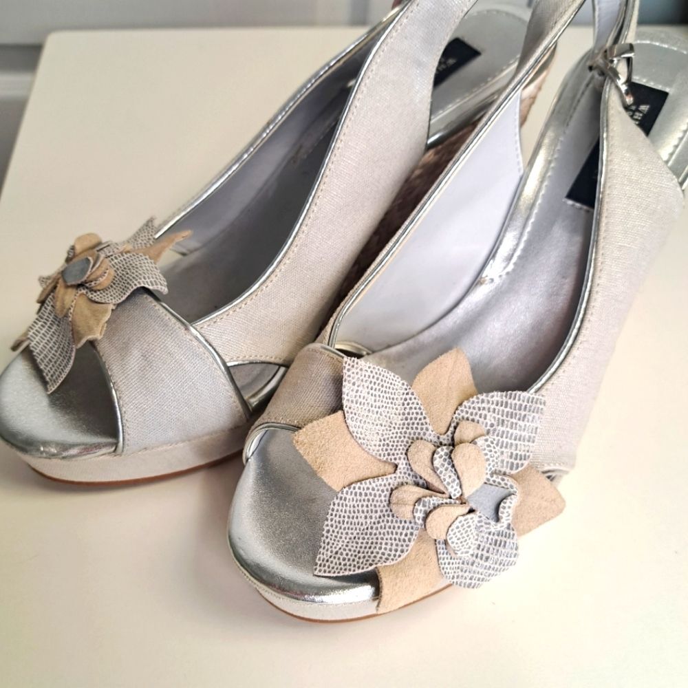 WHBM Formal Silver Wedge Heels Peep Toe Samira